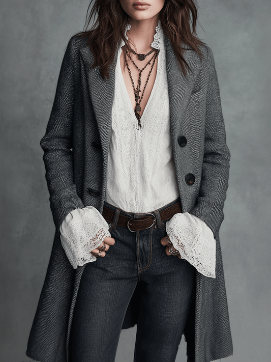 Classic Grey Herringbone Wool Blend Double-Breasted Long Coat