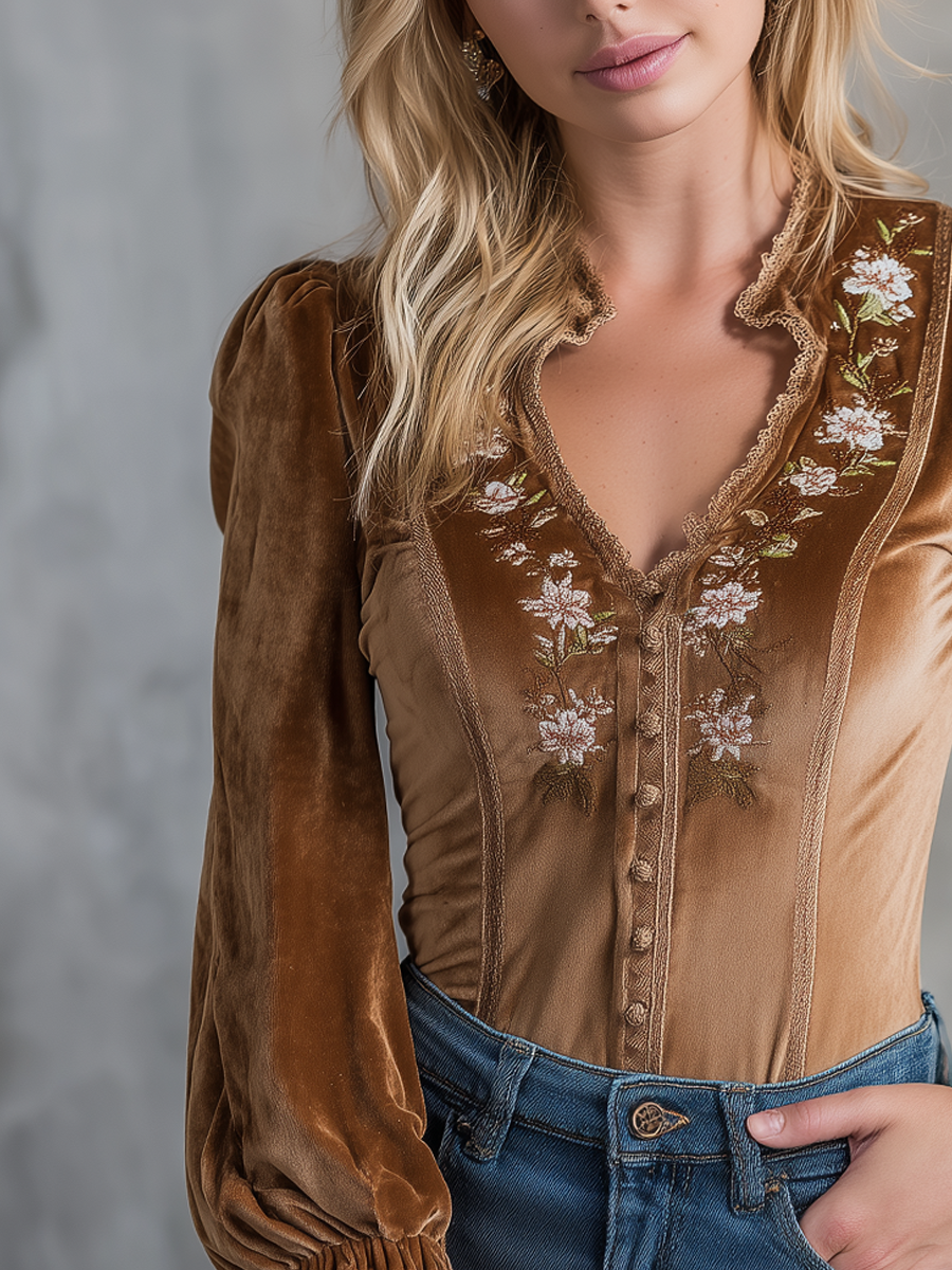 Vintage Embroidered Lace Velvet Blouse