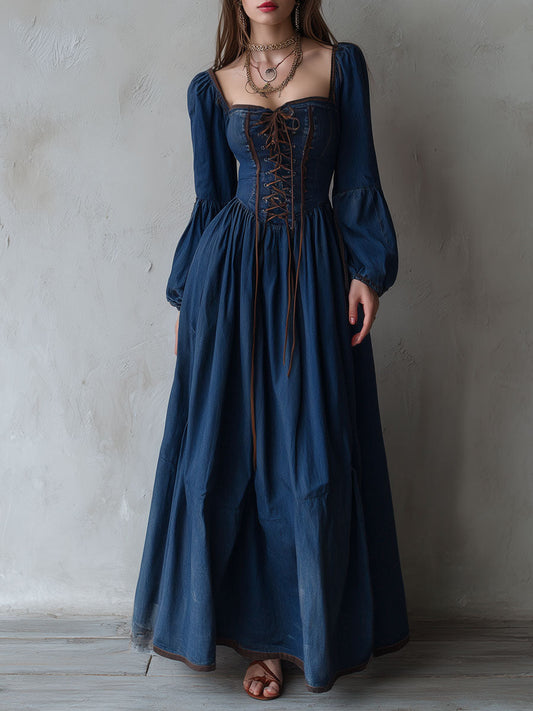 Retro Puff Sleeve Denim Lace Up Maxi Dress