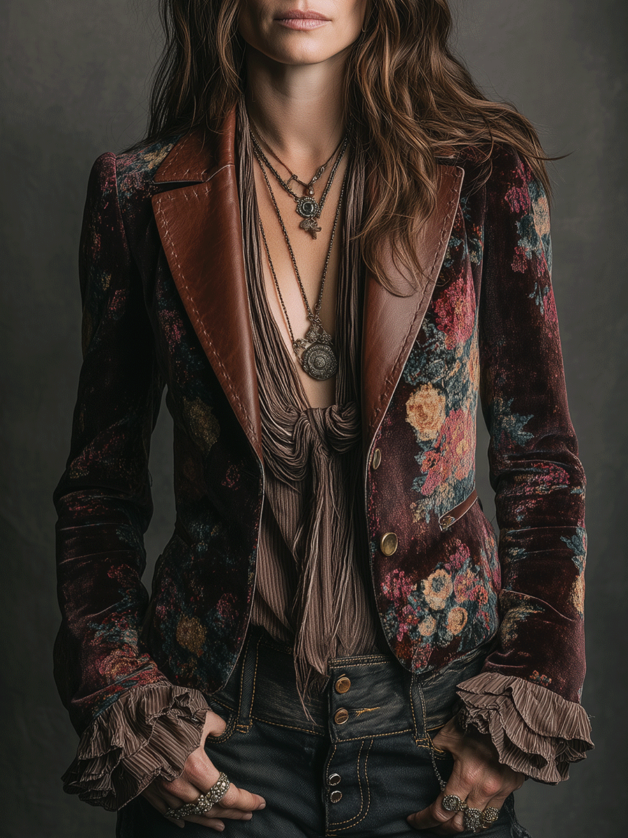 Vintage Burgundy Floral Velvet Contrast Lapel Blazer