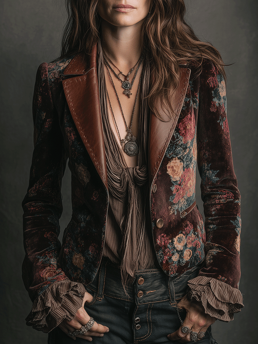 Vintage Burgundy Floral Velvet Contrast Lapel Blazer