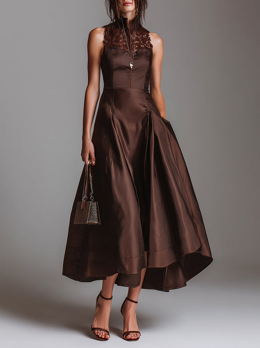 Elegant Shiny Satin And Lace Patchwork Sleeveless Midi Dress