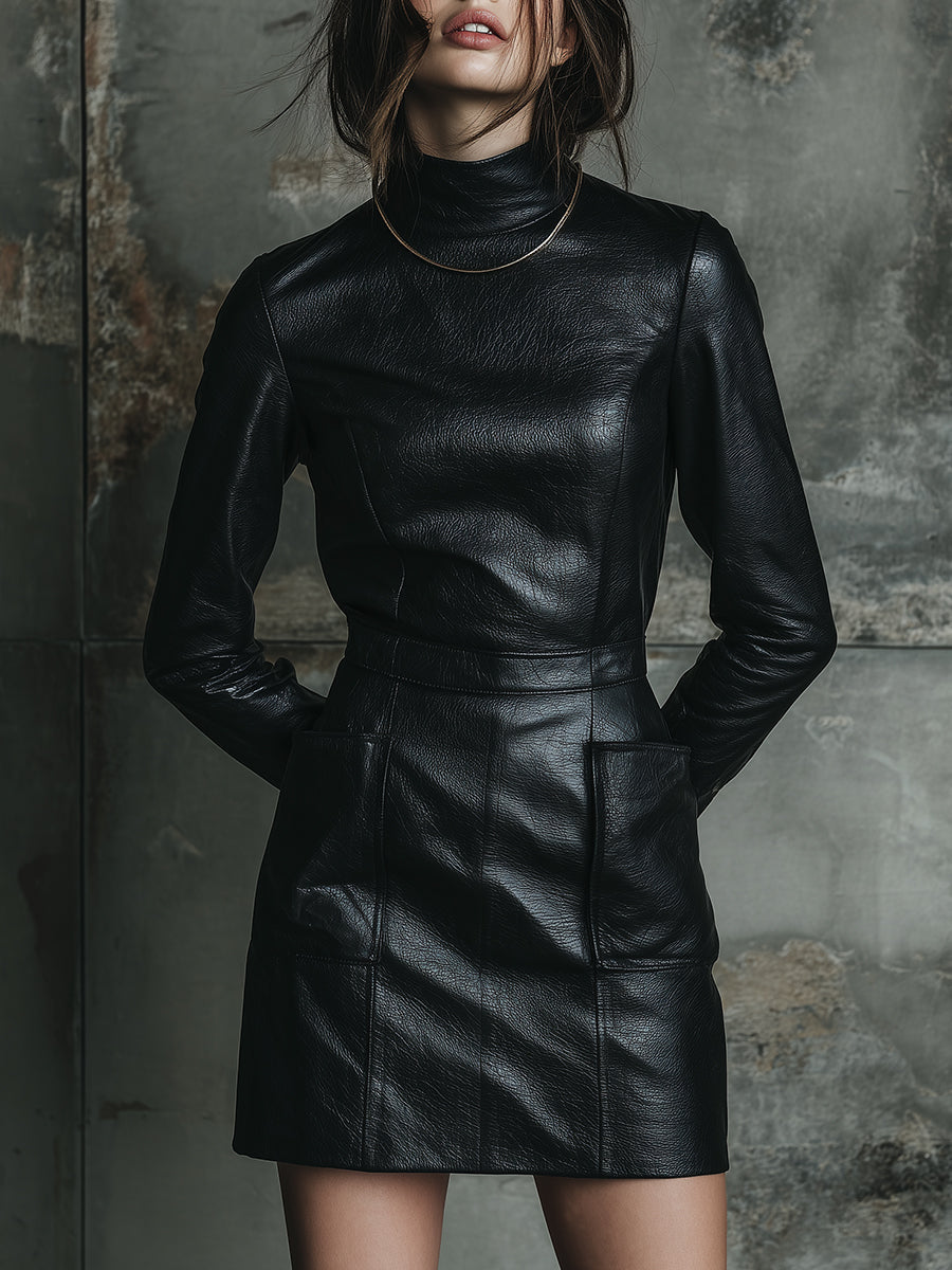 Retro Eco-friendly Leather Stand-up Collar Patch Pocket Mini Dress