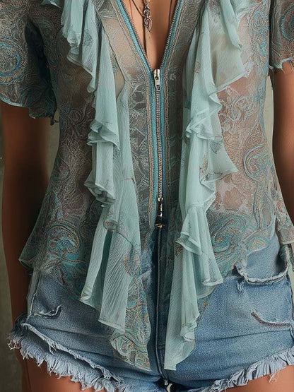 Bohemia Sage Paisley Lace Ruffle Blouse