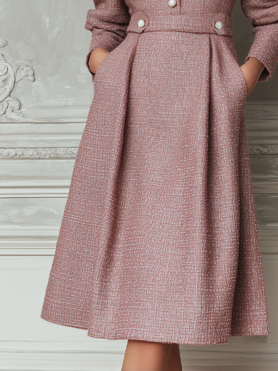 Vintage Pocket Tweed Long-Sleeved Midi Dress