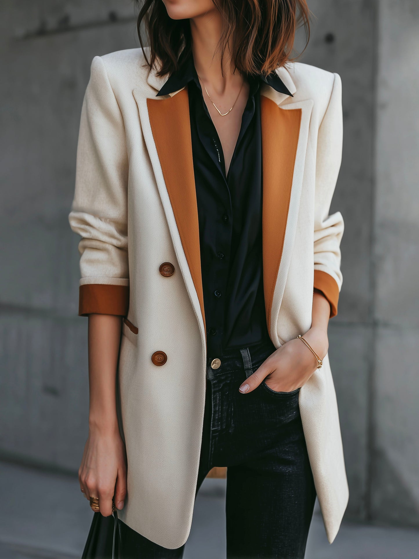 Chic Wool Blend Double-Breasted Contrast Trim Long Blazer