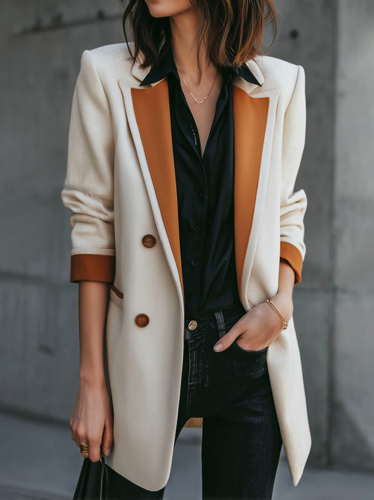 Chic Wool Blend Double-Breasted Contrast Trim Long Blazer