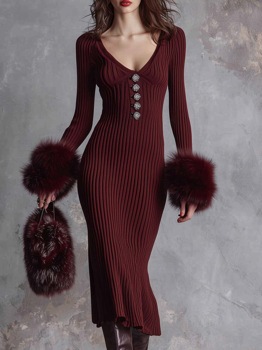 Ribbed Knit Midi Dress With Statement Buttons And Faux Fur Cuffs – Wine Red