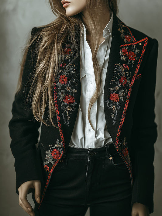 Vintage Boho Black Floral Embroidered Suit Blazer