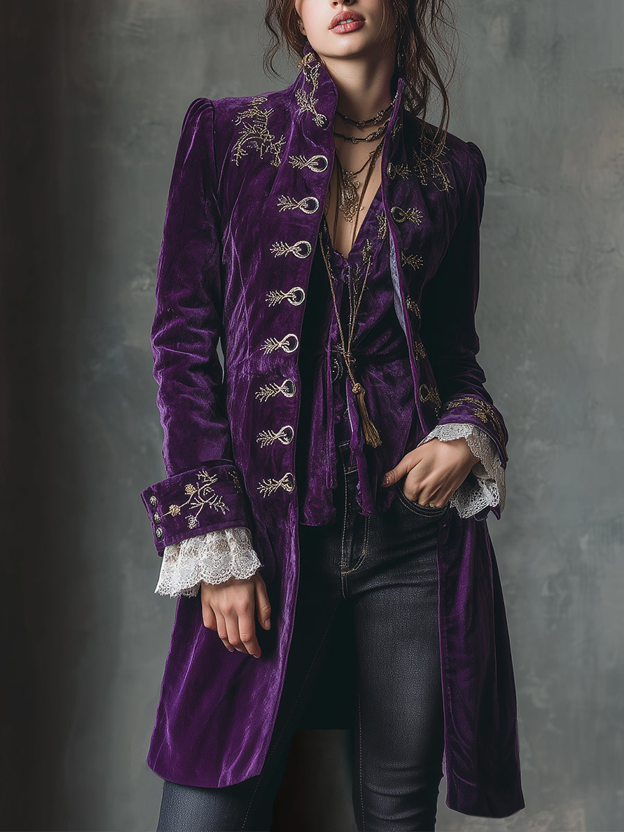 Vintage Embroidered Polyester Velvet Mid-length Jacket