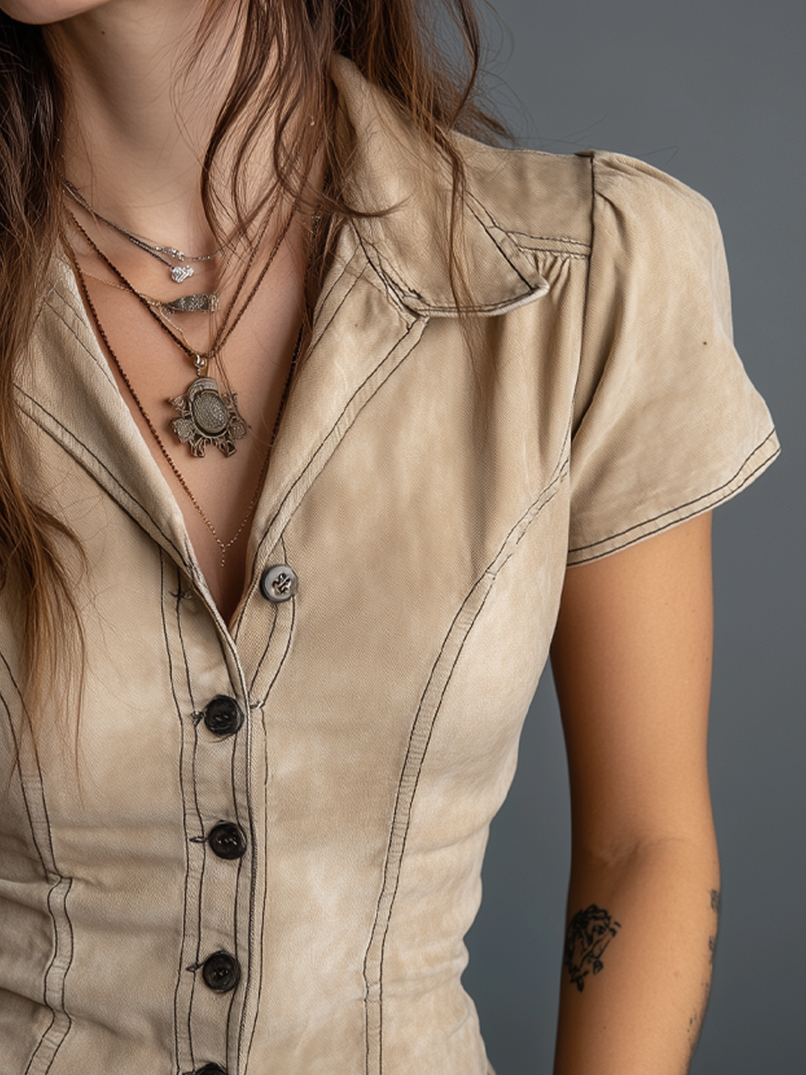 Retro Contrast Stitching Short-sleeved Suede Blouse