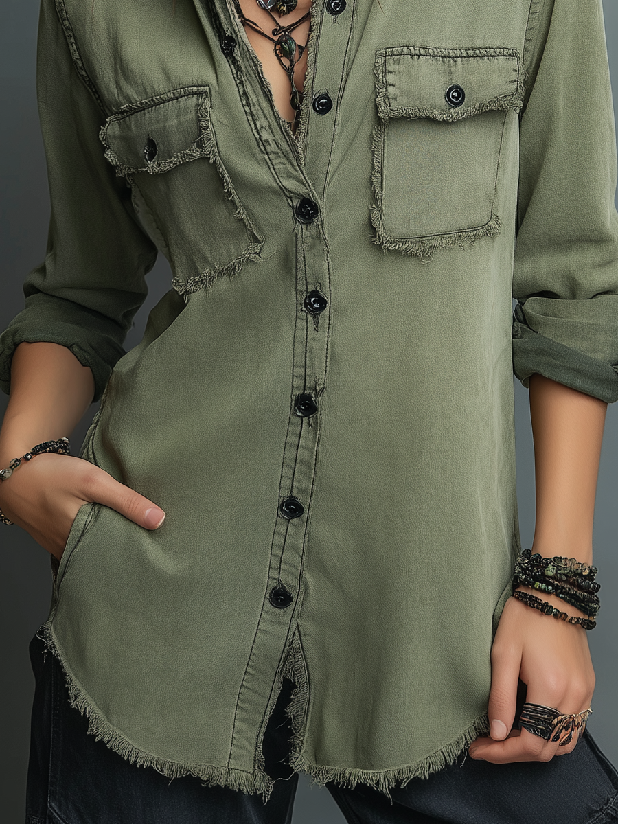Vintage Raw Edge Long Sleeve Washed Blouse