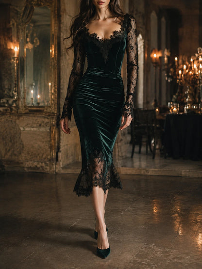 Elegant Green Velvet Long Sleeve Lace Midi Dress