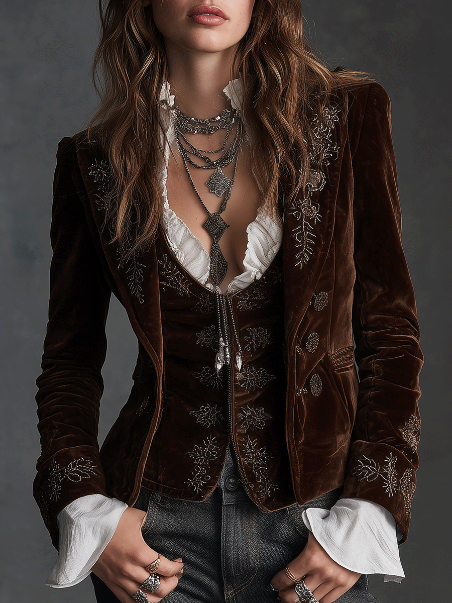 Vintage Brown Velvet Embroidered Blazer