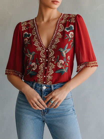 Elegant Embroidered V-Neck Blouse - Hummingbird & Floral Design