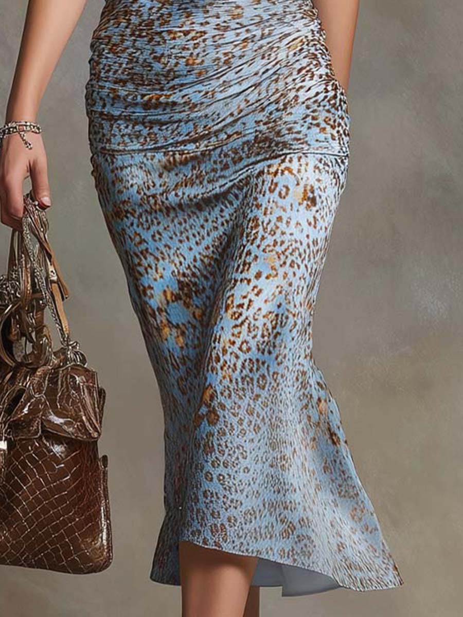 Sky Blue Leopard-Print Stretch Satin Halter Midi Dress – BCSHARED