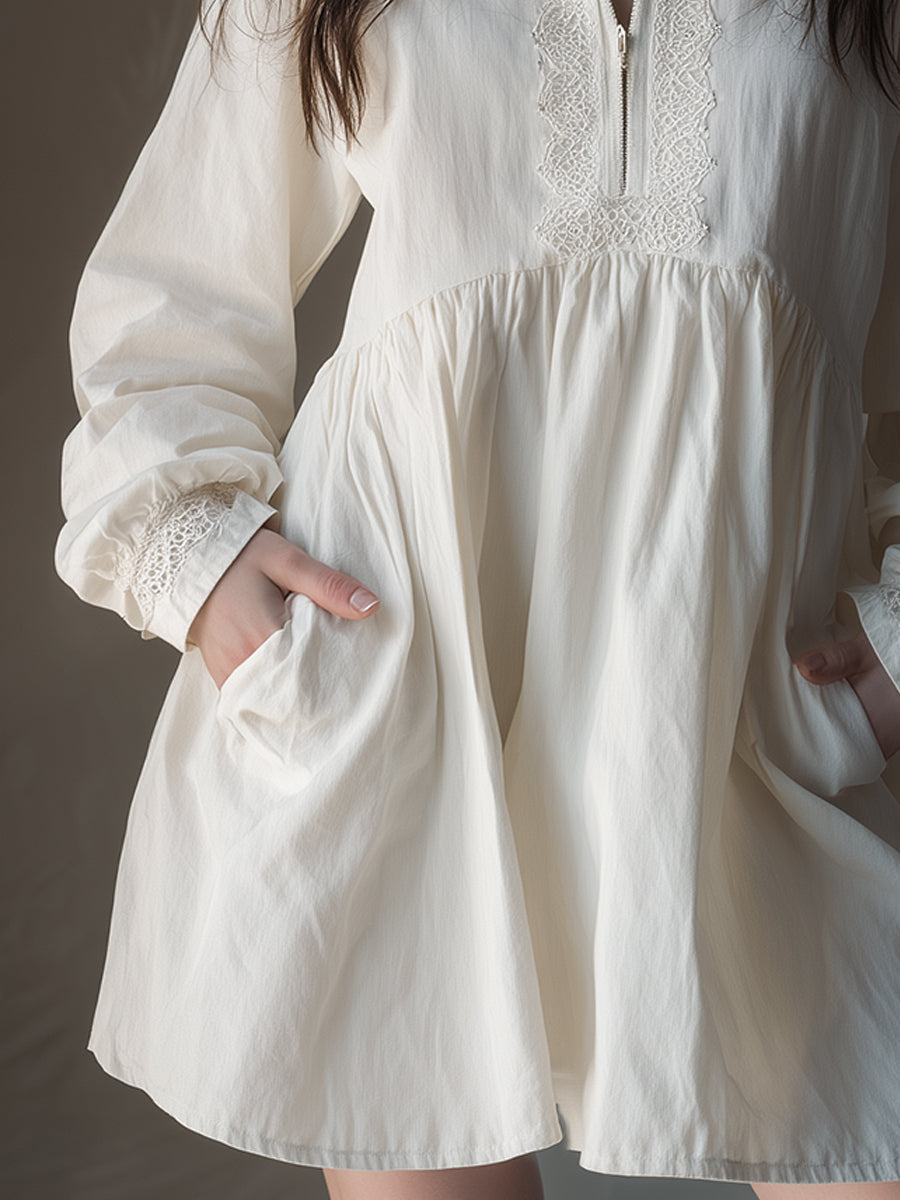 Retro Cotton-blend Lace Trim Half-zip Mini Dress