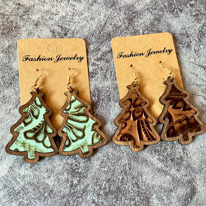 Xmas Tree Wood Bezel Cheetah Print Genuine Leather Christmas Earrings