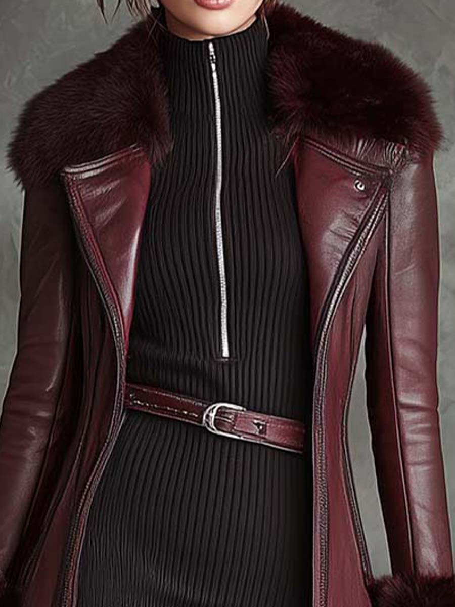 Wine Red Eco-Leather Long Coat With Faux Fur Collar & Cuffs