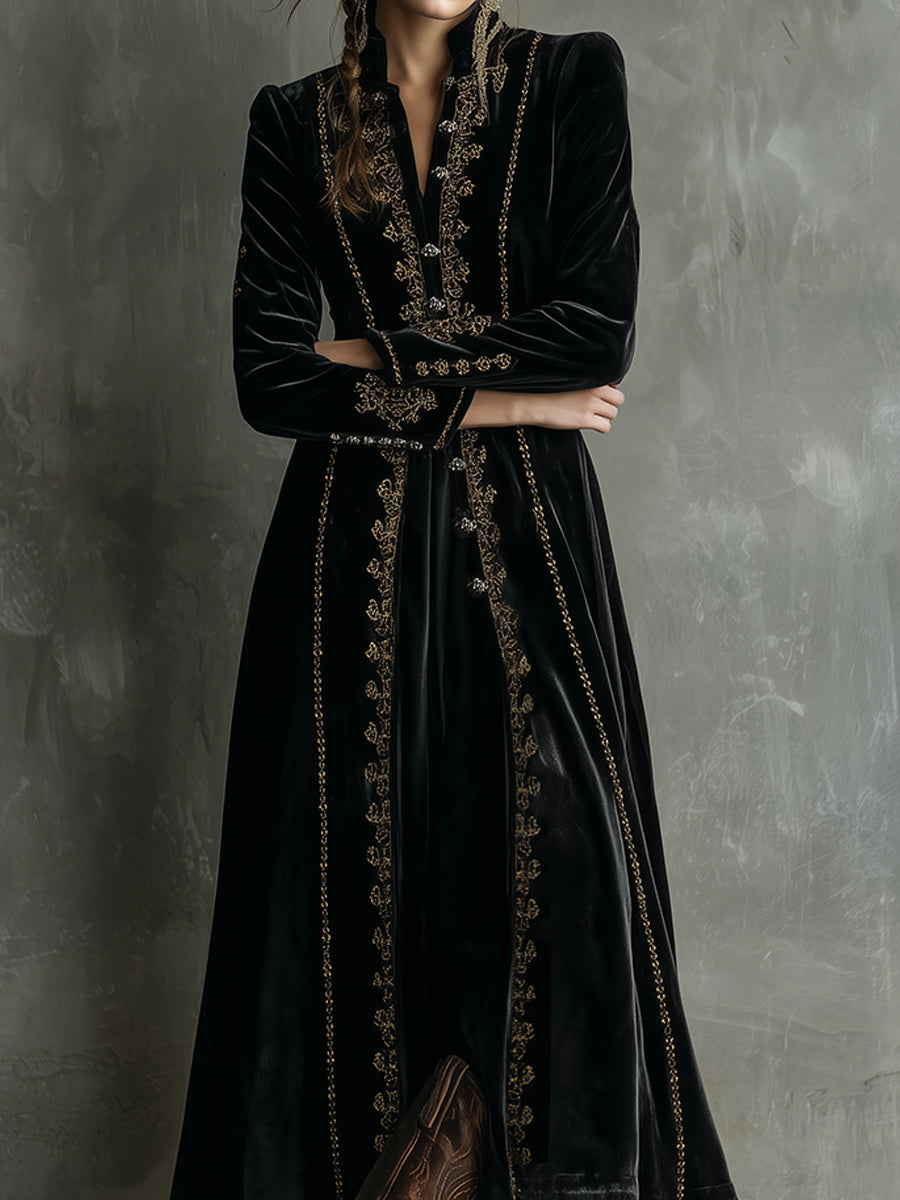 Retro Velvet Embroidered Stand Collar Mid-length Coat
