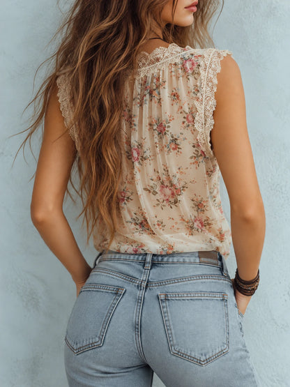 Romantic Floral Print Lace-Trim Sleeveless Chiffon Blouse