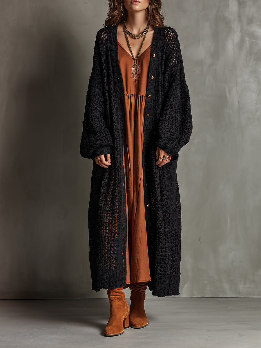 Quiet Boho Noir Woven Serenity Maxi Cardigan Dress