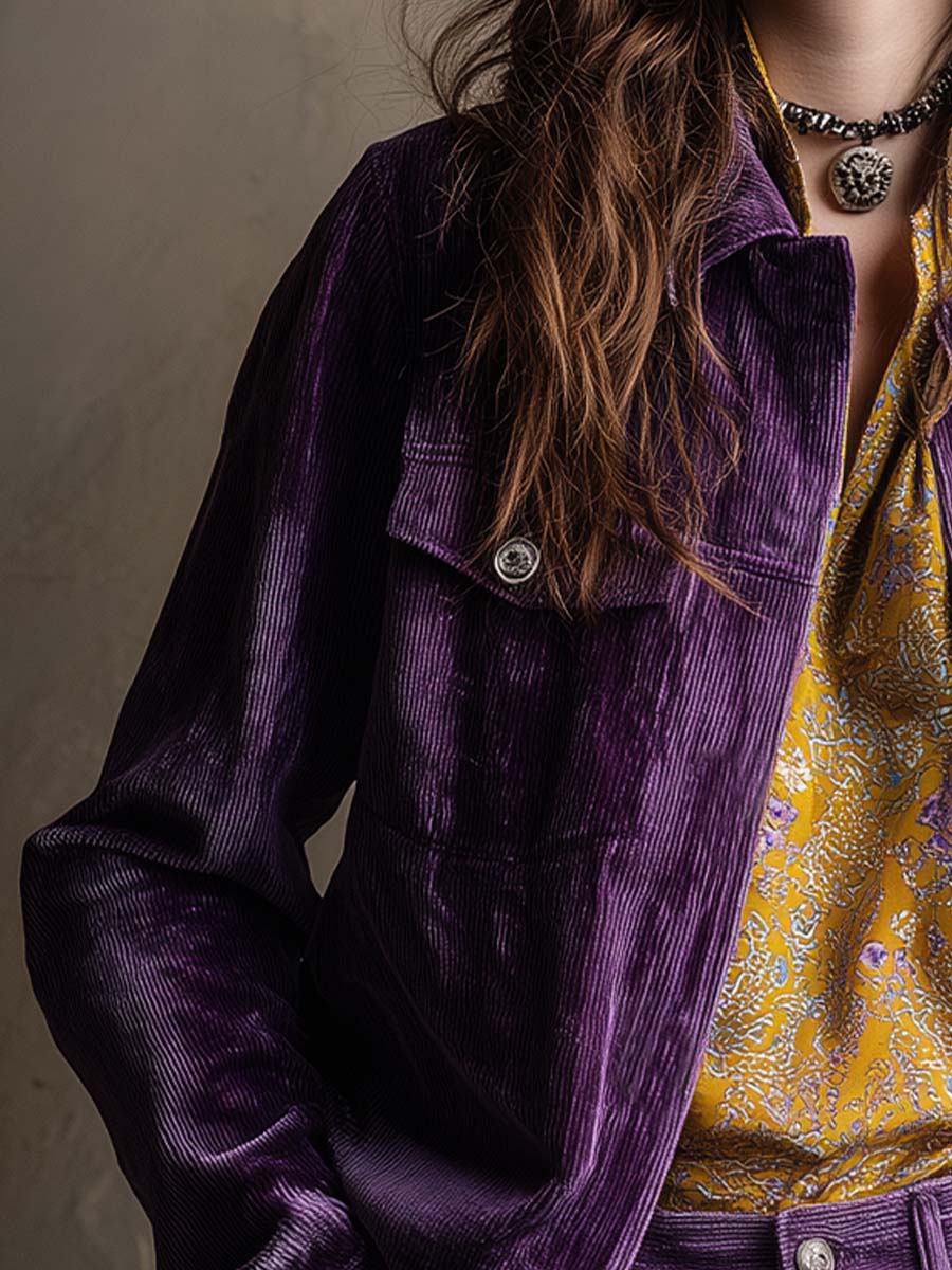 Retro Button-Up Velvet Shirt Jacket