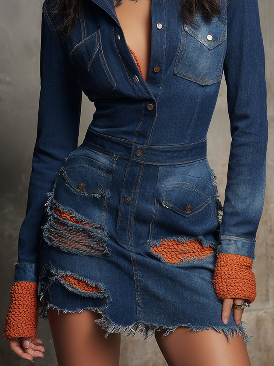Urban Rebel Rusted Indigo Distressed Denim Mini Dress