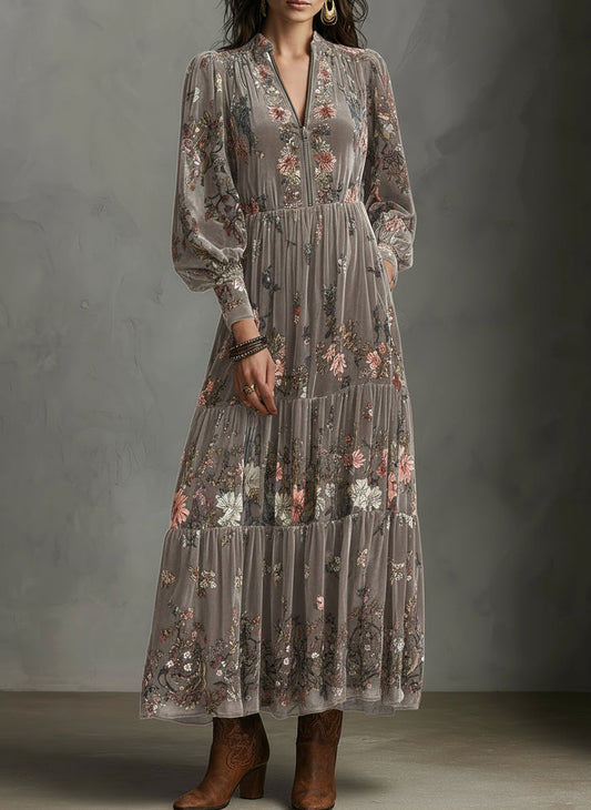 Quiet-boho Antique Rose Velvet Bloom Maxi Dress
