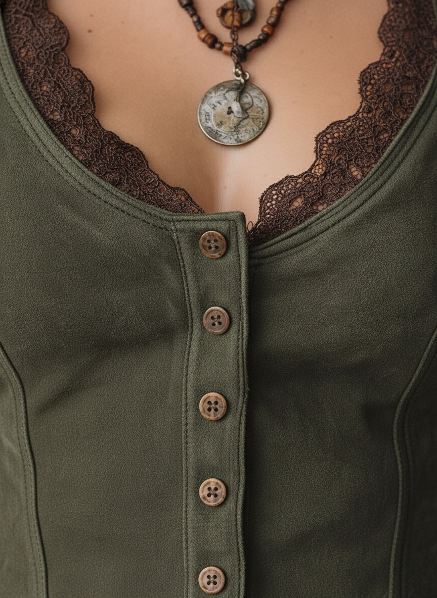 Olive Green Lace-Trim Button-Front Vest