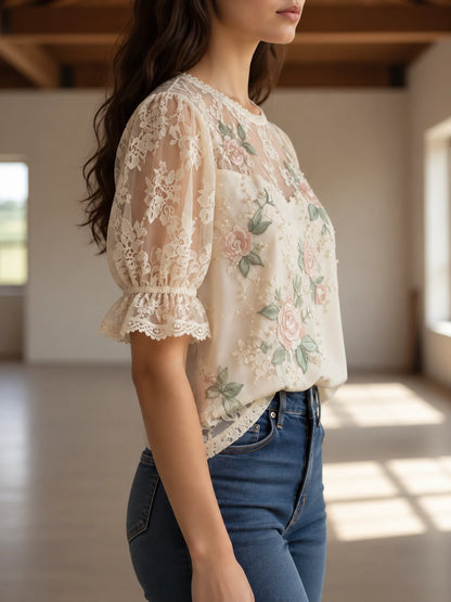 Elegant Embroidered Floral Lace Blouse for Women
