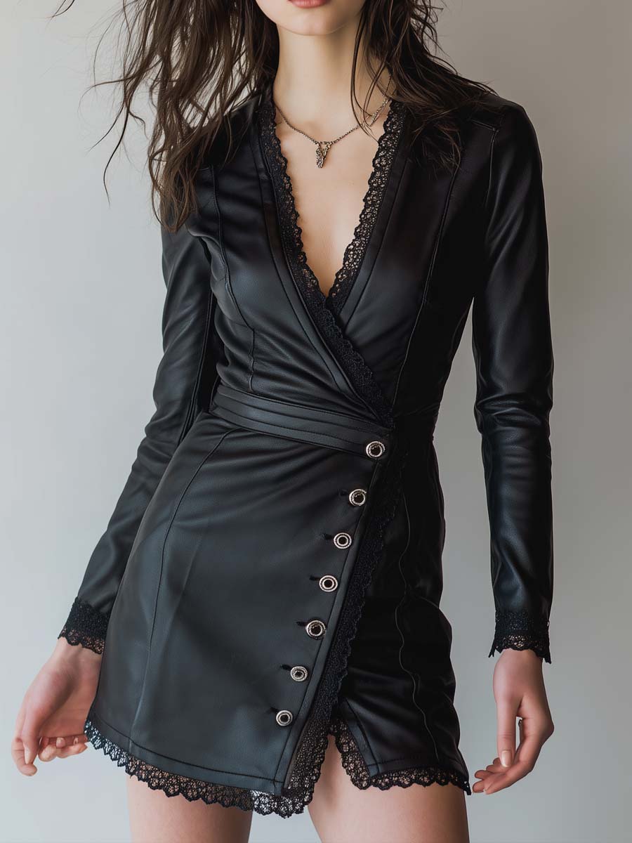 Retro Cross V-neck Lace Trim Faux Leather Mini Dress