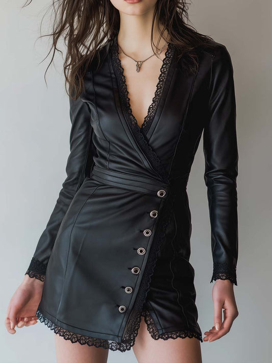 Retro Cross V-neck Lace Trim Faux Leather Mini Dress