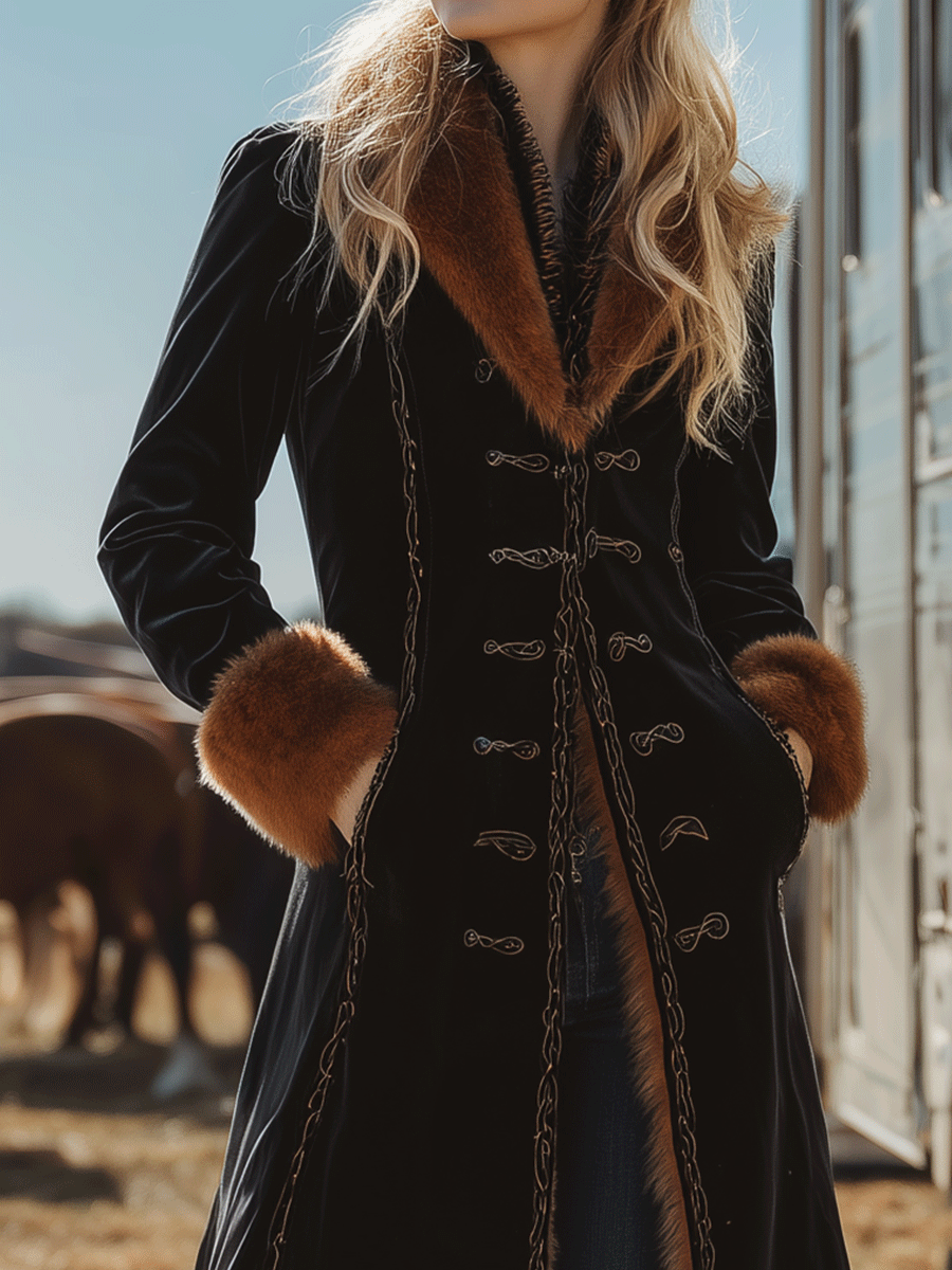 Vintage Black Velvet Faux Fur Trim Long Coat