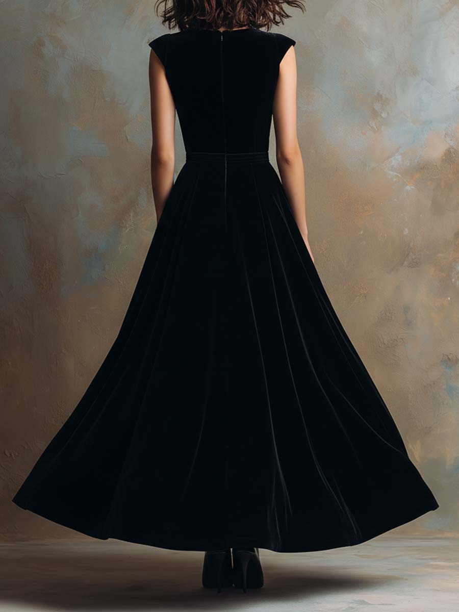Black Velvet Button-Front Maxi Dress