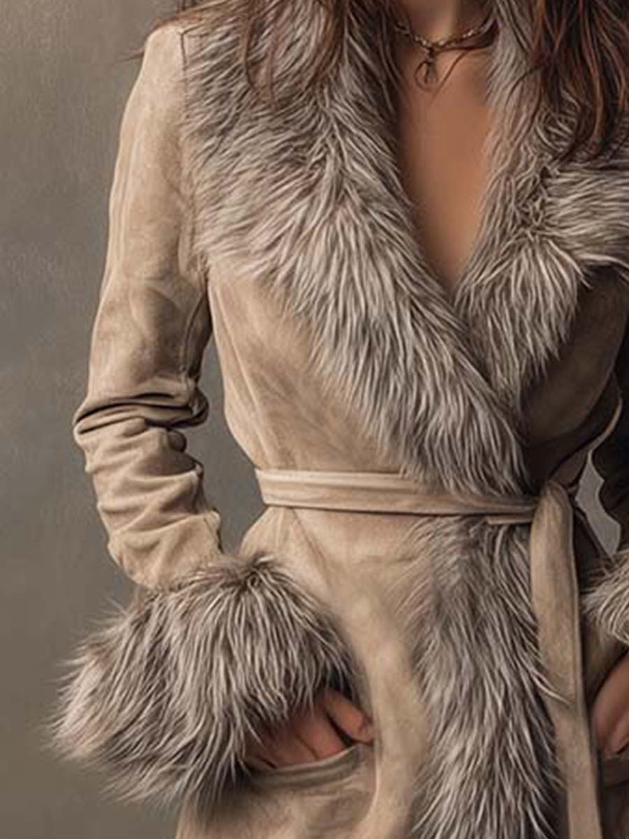 Toffee Cream Eco-friendly Suede Long Coat With Faux Fur Trim And Belt