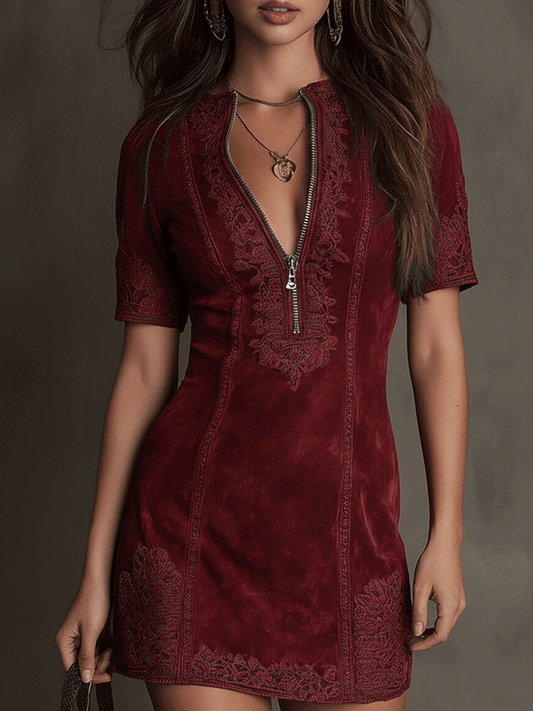 Vintage V-Neck Burgundy Suede Lace-Trim Mini Dress