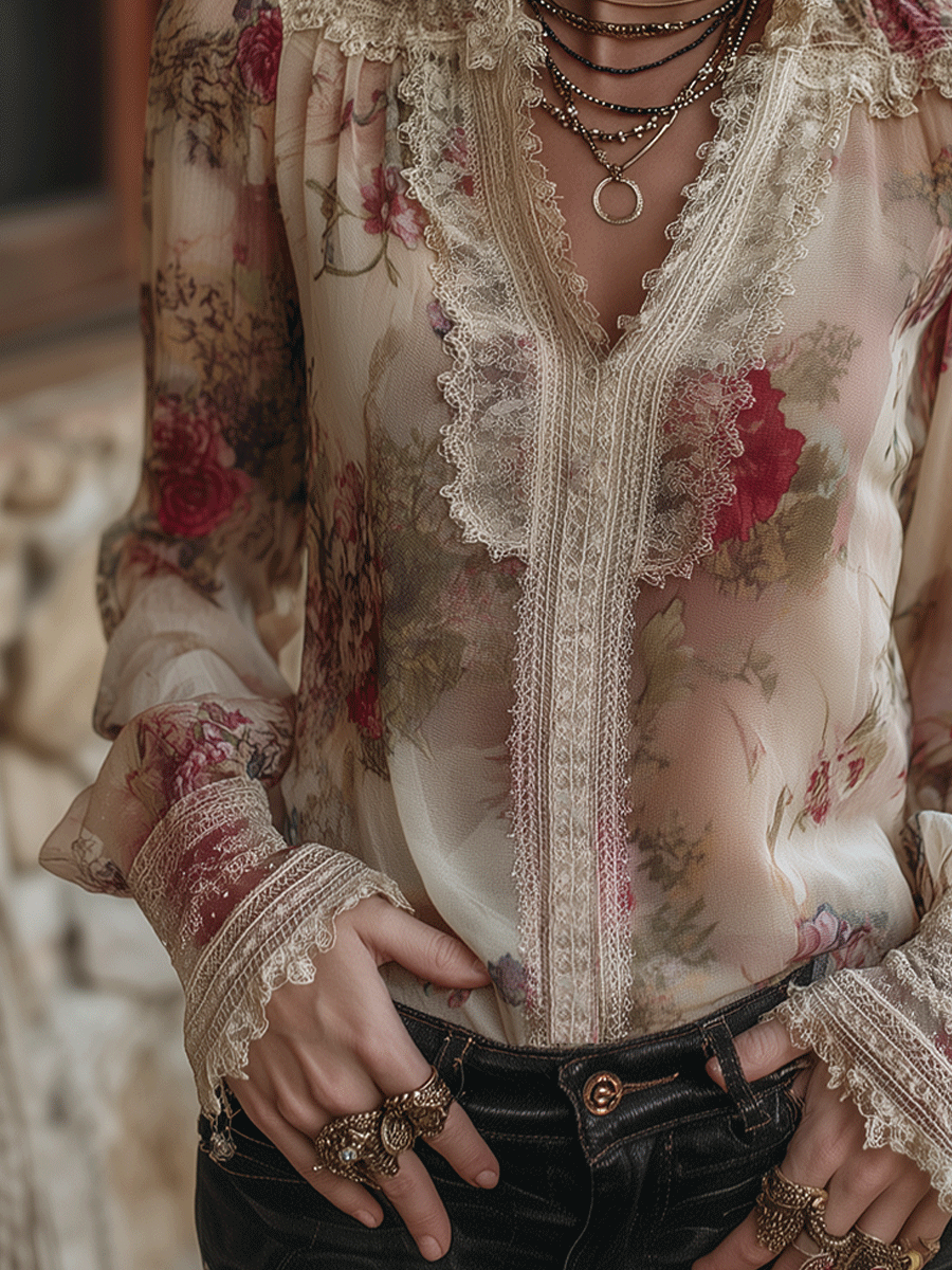 Vintage Romantic Lace-Trim Floral Chiffon Blouse