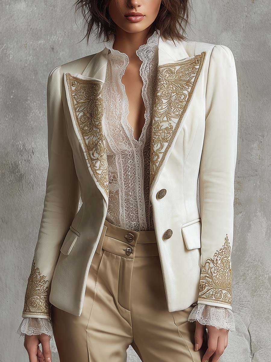 Ivory Embroidered Velvet Blazer With Gold Lace Detailing