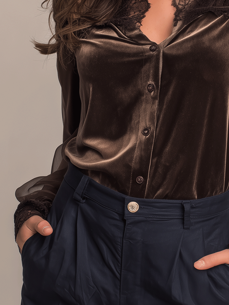Elegant Lace Panel Velvet See-Through Sleeve Shirt