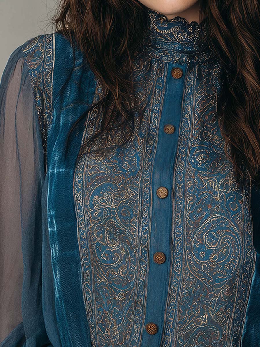 Vintage Bohemian Chiffon Printed Blouse With Lace Trim