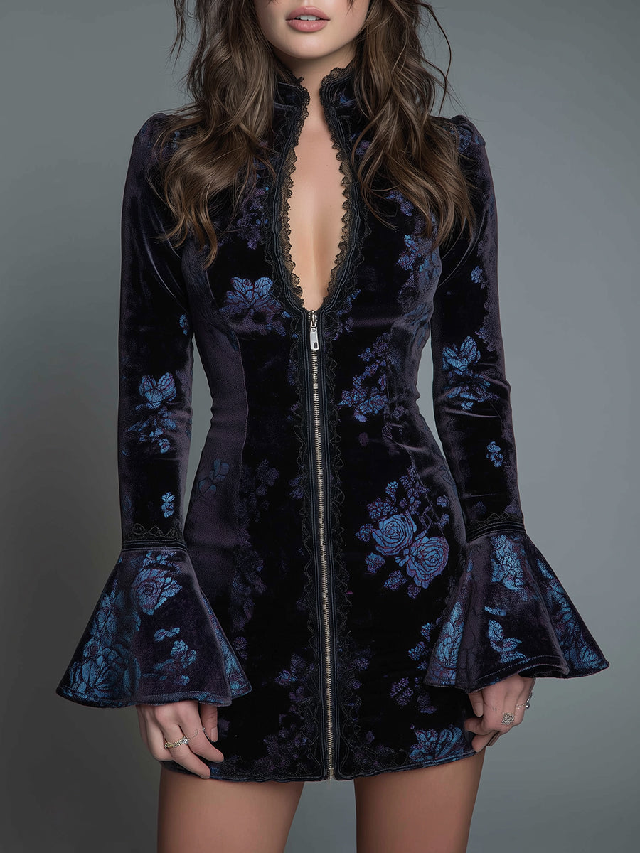 Vintage Floral Lace-trimmed Slim-fit Polyester Velvet Mini Dress