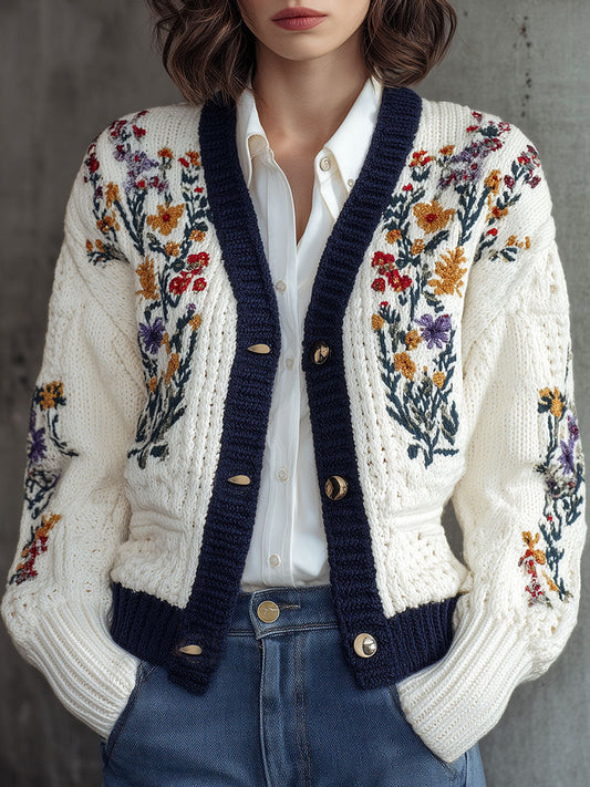 Women’s White Knit Cardigan – Floral Yoke Embroidery & Brass Button Sweater With Navy Collar