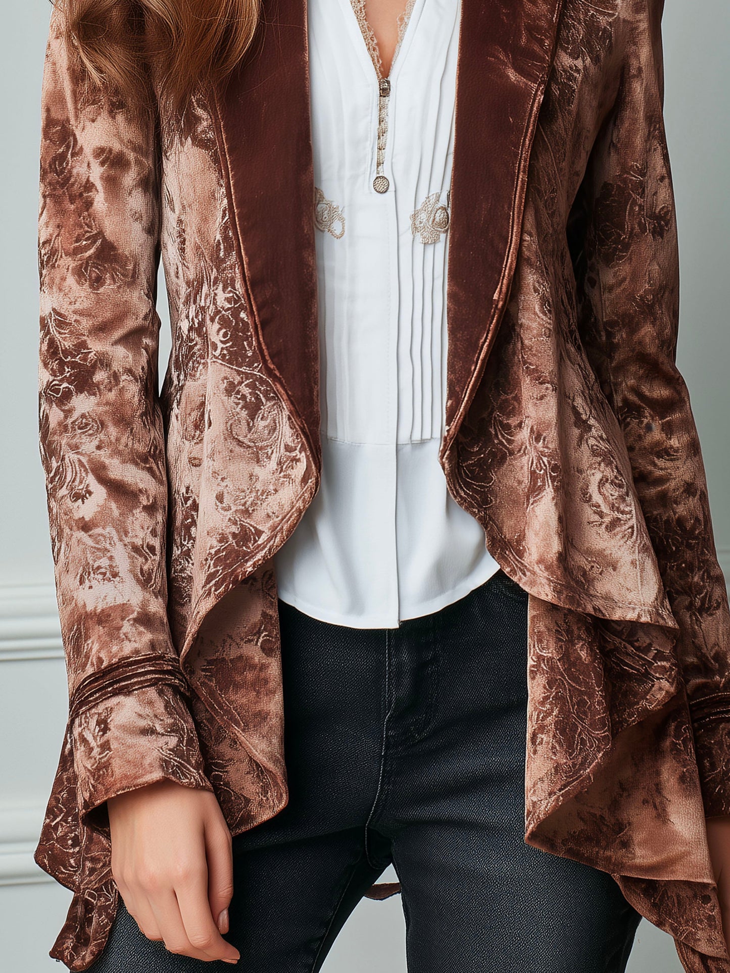Romantic High-low Velvet Print Draped Blazer Copper Velvet Print