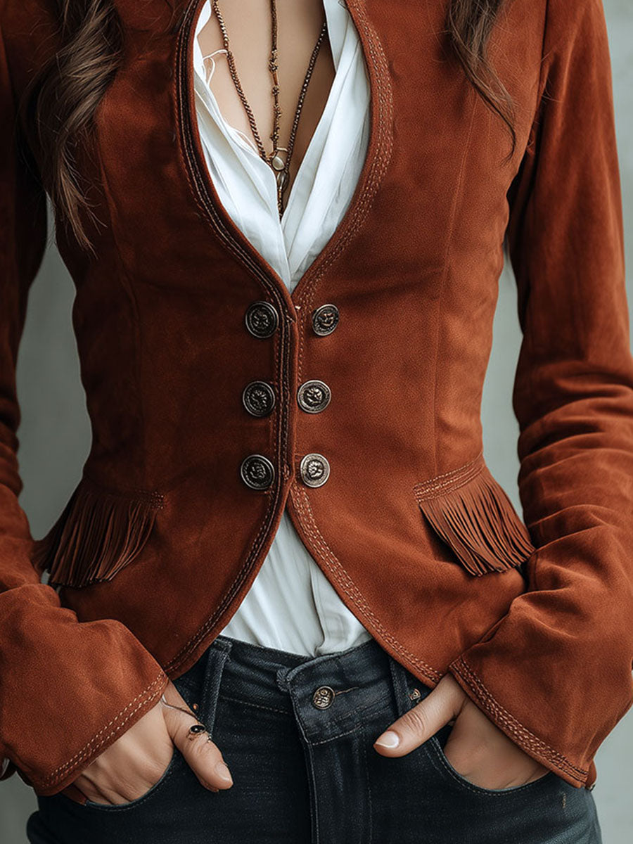 Retro Rust Brown Microsuede Jacket With Fringe Detail