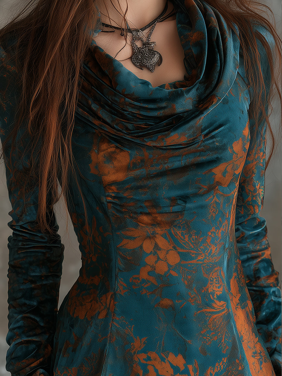 Retro Suede Printed Swag Collar A Line Maxi Dress