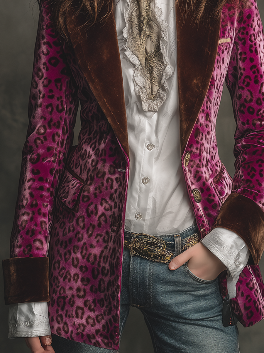Vintage Leopard Print Polyester Velvet Blazer