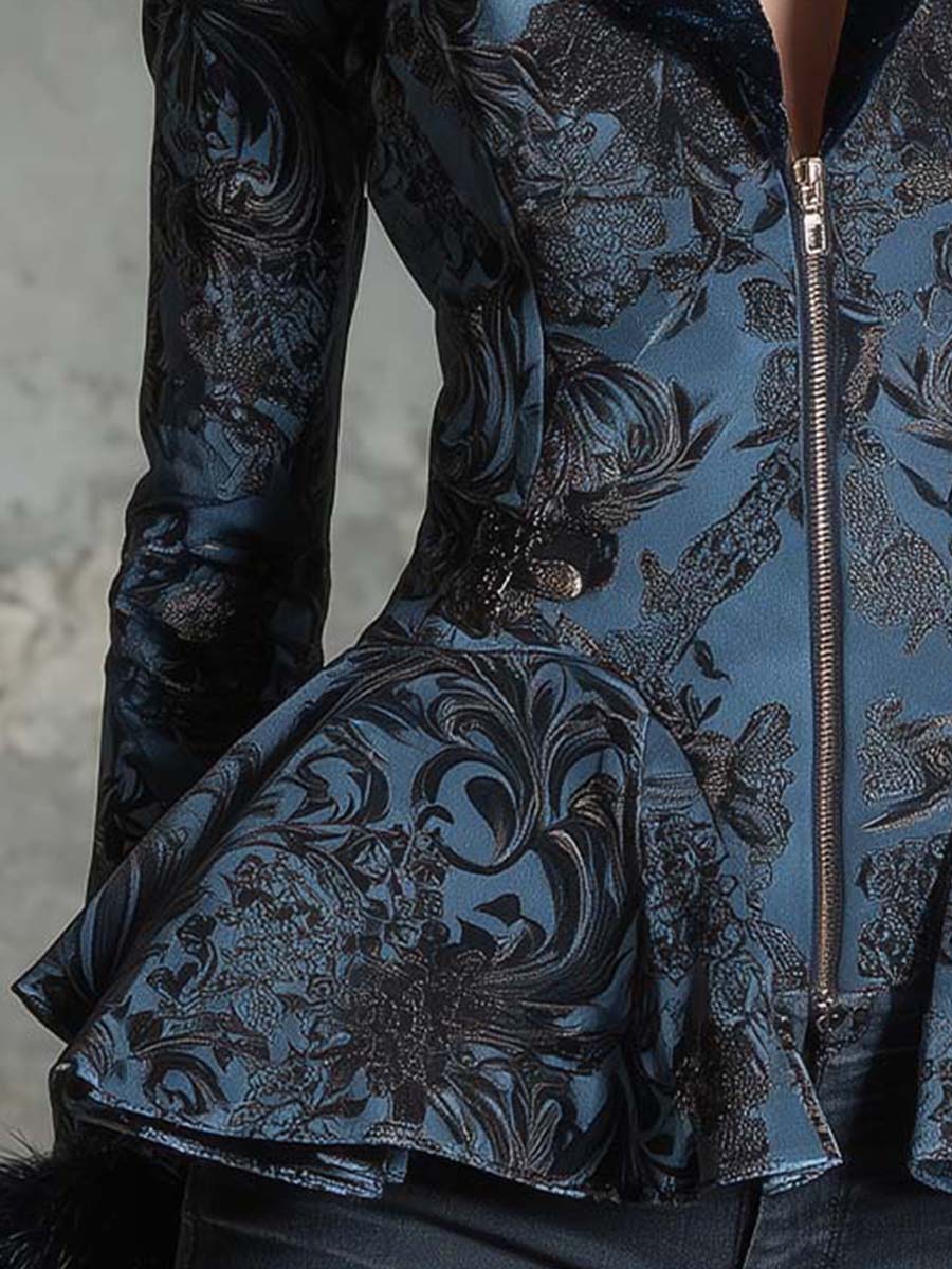Baroque Floral Print Peplum Jacket