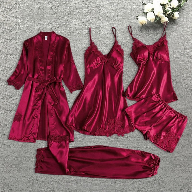 5pcs Suit Ladies Sexy Silk Satin Pajamas Set