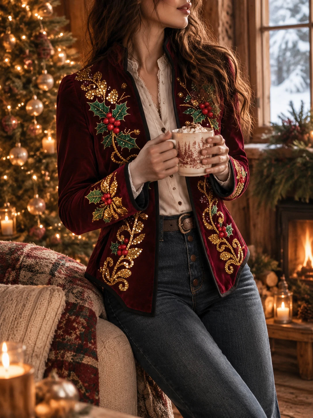 Women's Vintage Western Christmas Embroidered Beads Blazer
